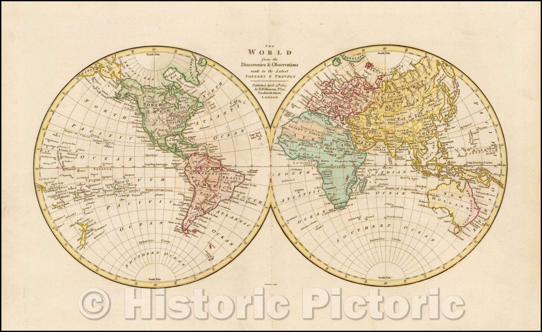 Historic Map - The World from the Discoveries & Observations in the Latest Voyages & Travels, 1817, Robert Wilkinson v1