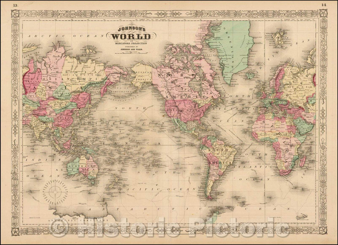 Historic Map - Johnson's Map of the World on Mercator's Projection, 1862, Benjamin Ward v5