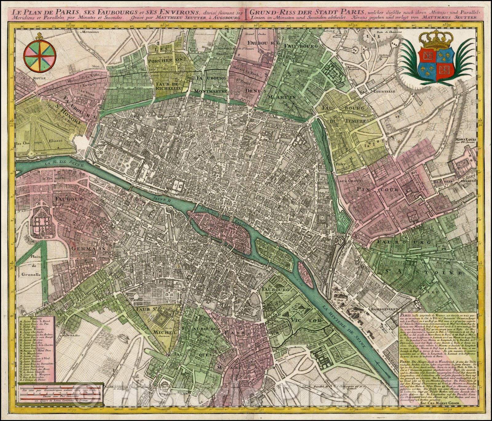 Historic Map - Le Plan de Paris, ses Faubourgs et ses Environs, divise suivant ses Meridiens et Paralleles par Minutes et Se :: Mid-18th Century Plan of Paris, 1740 - Vintage Wall Art