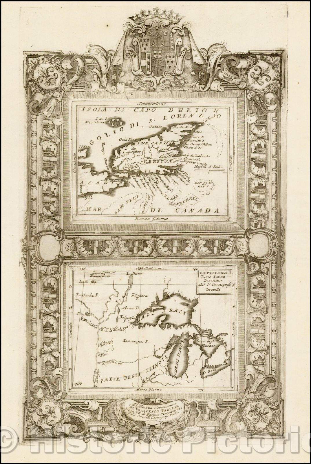 Historic Map - Cape Breton/Great Lakes & Upper Mississippi River, 1695, Vincenzo Maria Coronelli - Vintage Wall Art