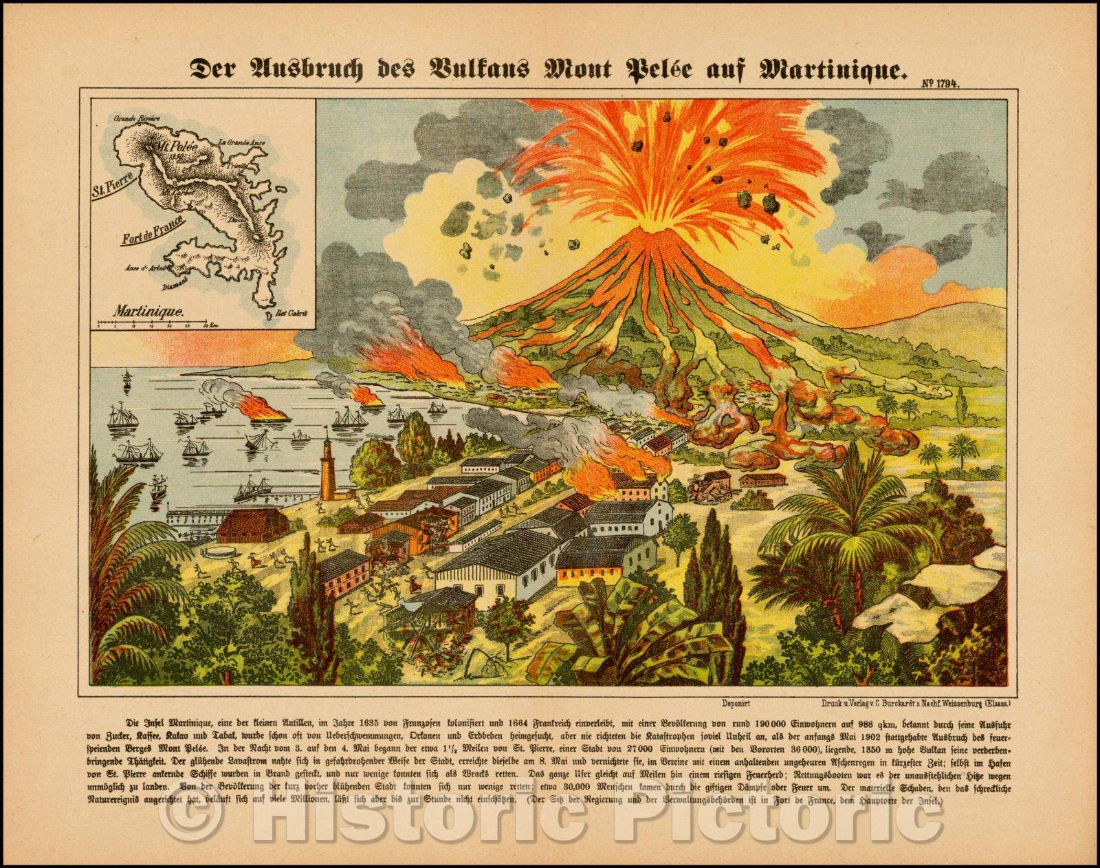 Historic Map - Eruption of Mount Pelee Volcano/Der Ausbruch des Vulkans Mont Pel? auf Martinique, 1903, Burckardt's Nachf - Vintage Wall Art