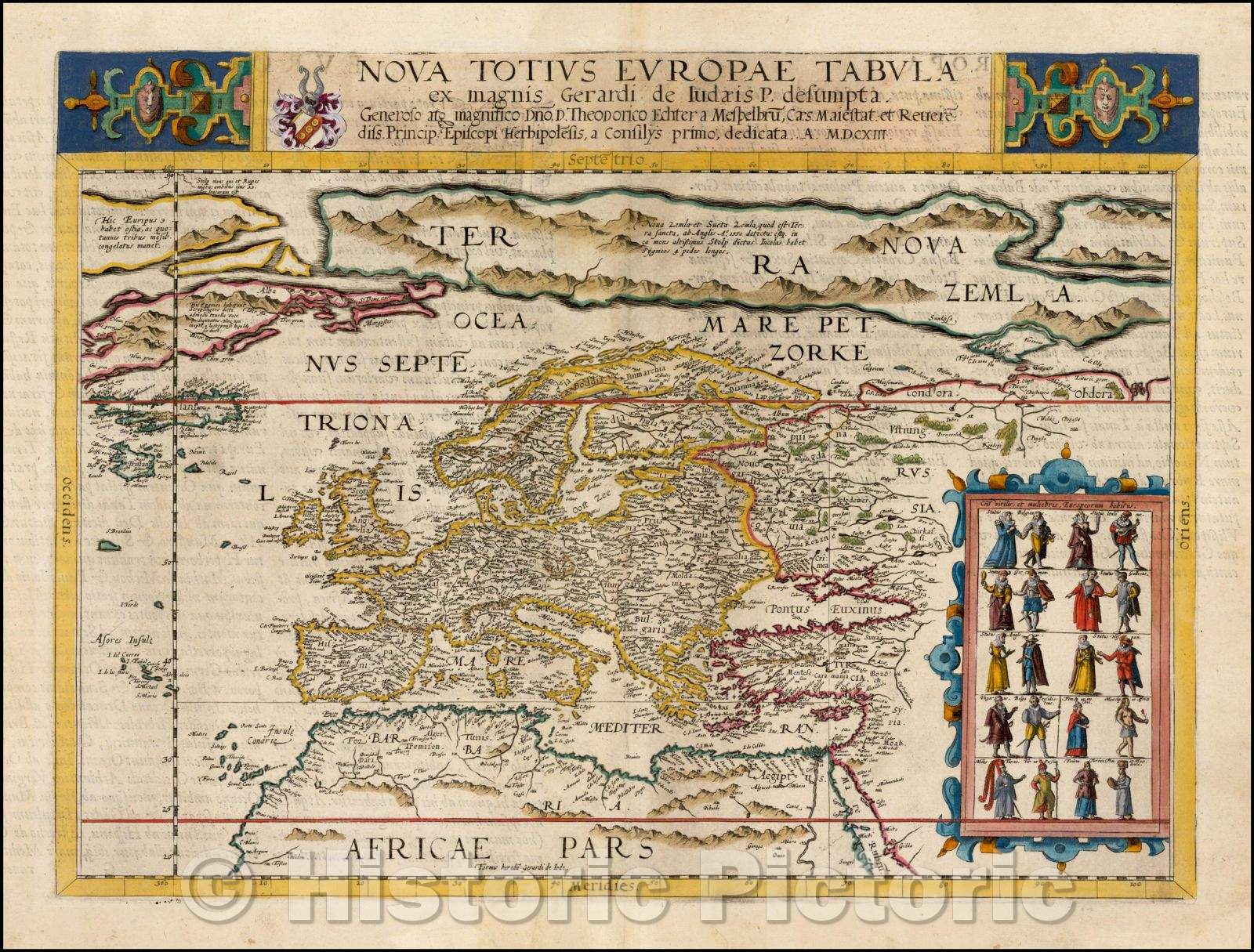 Historic Map - Nova Totius Europae Tabula ex magnis Gerardi de Iudaeris P. Desumpta/Gerard De Jode's Map of Europe, Speculum Orbis Terarrum in 1593, 1593 - Vintage Wall Art