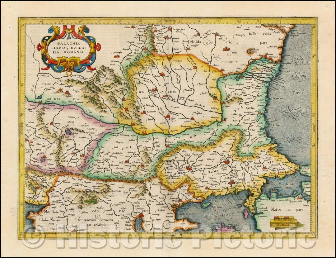 Historic Map - Walachia Servia, Bulgaria et R :: Example of Mercator's of the Region centered on the Lower Danube, Bulgaria, Romania, Serbia and Macedonia, 1619 - Vintage Wall Art