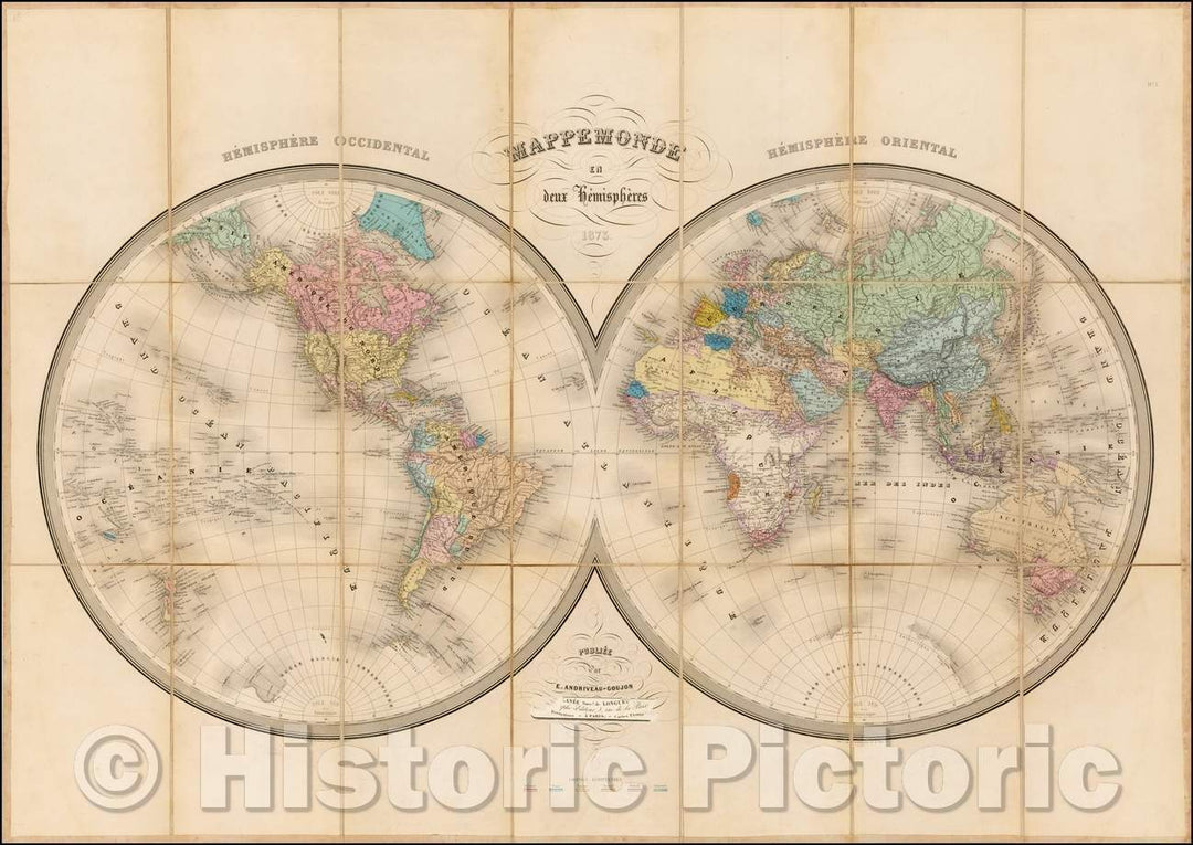 Historic Map - Mappemonde en deux Hemispheres/Map of the world in two Hemispheres. 1873 [Case Map], 1873, J. Andriveau-Goujon - Vintage Wall Art