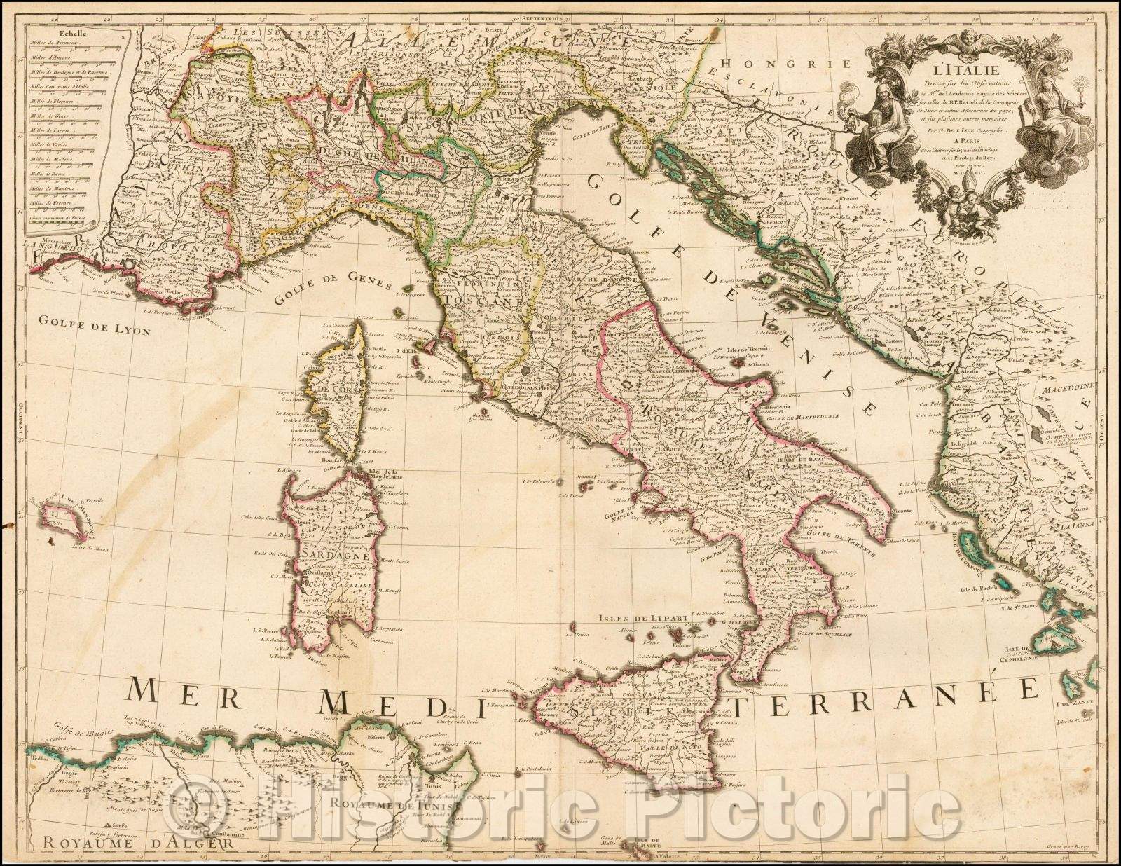 Historic Map - L'Italie Dressee Sur Les Observations de l'Acemie Royale des Sciences sur celles/Map of Italy, hand colored by Kingdoms, 1700 - Vintage Wall Art