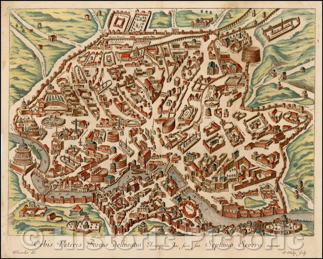 Historic Map - Urbis Veteris Romae Delineatio Accuratissima, hac facie suit, Septimio Severo impe/View of Ancient Rome, drawn by Jacob Toornvliet, 1660 - Vintage Wall Art