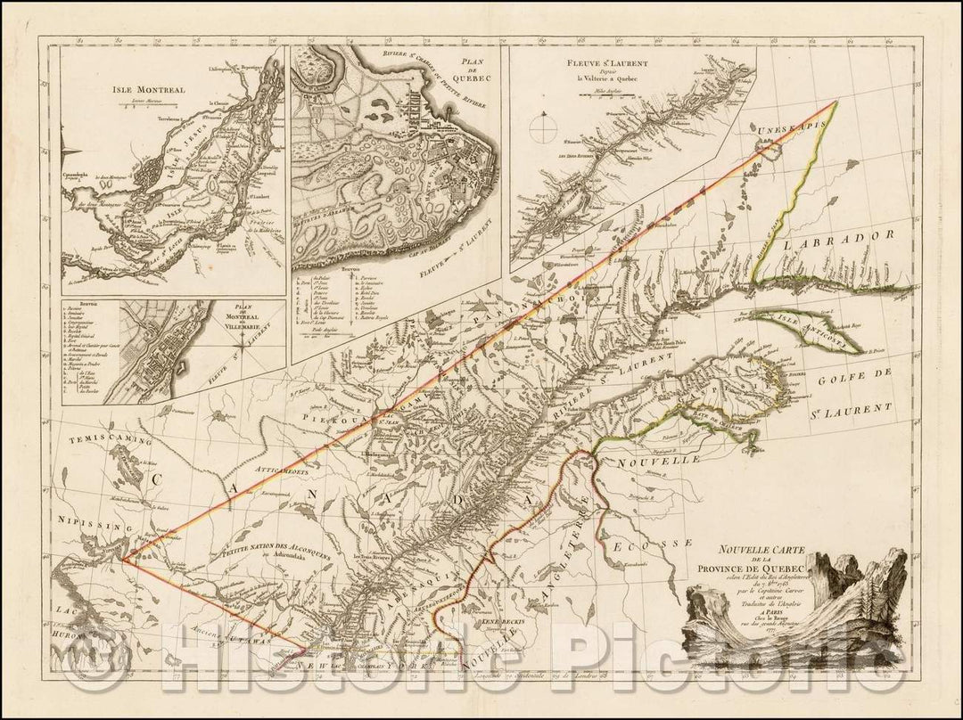 Historic Map - Nouvelle Province de Quebec selon l'Edit du Roi d'Angleterre d :: New of the Province of Quebec by the Edict of the King of England of 7, 1776 - Vintage Wall Art