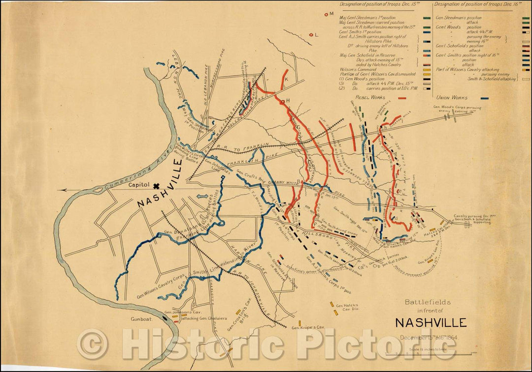 Historic Map - Battlefields in Front of Nashville. December 15th & 16th 1865. Scale 1 1/2 inch to 1 mile, 1864, Anonymous - Vintage Wall Art