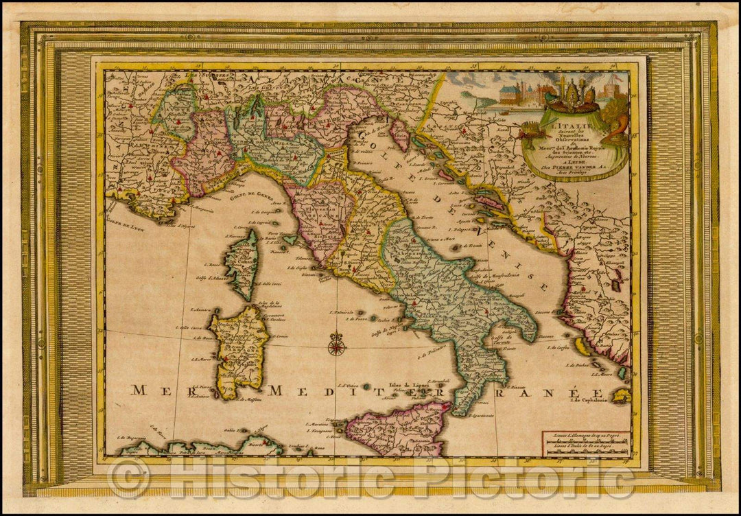 Historic Map - L'Italie Suivant les Nouvelles Observations/Vander Aa's Map of Italy,picture frame border, 1700, Pieter van der Aa - Vintage Wall Art