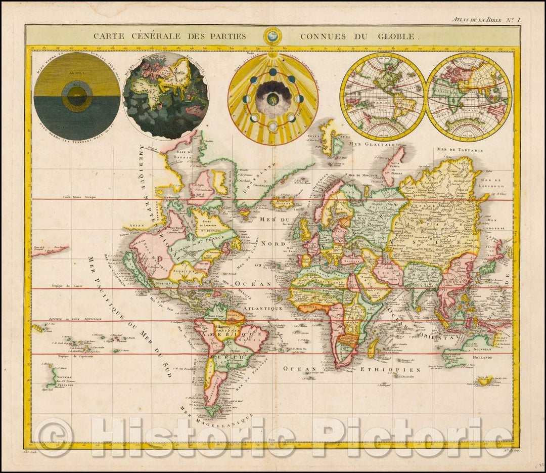 Historic Map - Carte Generale Des Parties Connues Du Globe/Mortier's Double hemisphere Map of the World, 1750, Pieter Mortier - Vintage Wall Art