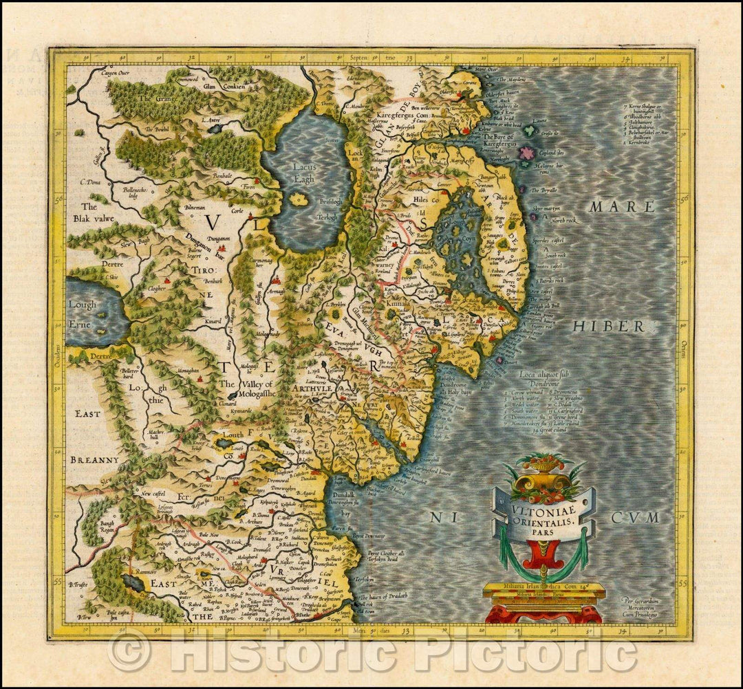 Historic Map - Ultonia Orientales Pars (Belfast/Northeastern Ireland), 1619, Gerard Mercator - Vintage Wall Art