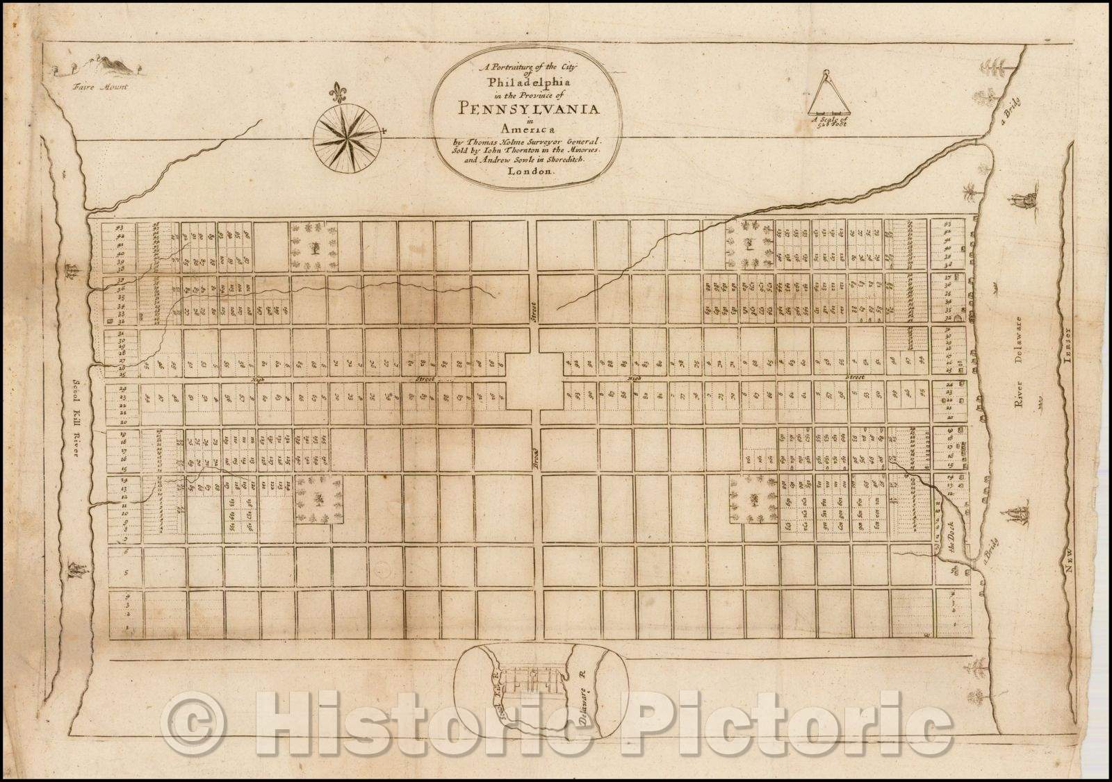 Historic Map - A Portraiture of the City of Philadelphia in the Province of Pennsylvania in America, 1683, Thomas Holme - Vintage Wall Art