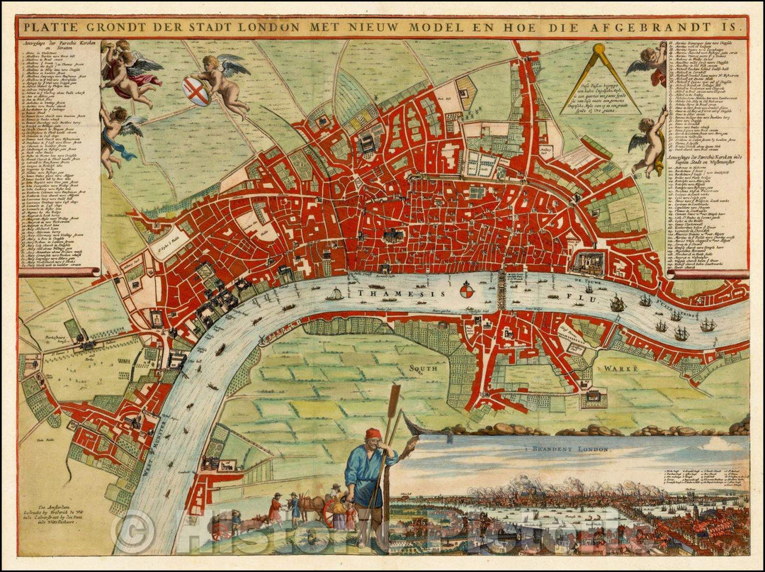 Historic Map - Platte Grondt Der Stadt London Met Nieuw Model En Hoe die Afgebrandt :: London following the Great Fire of 1666, 1666 - Vintage Wall Art