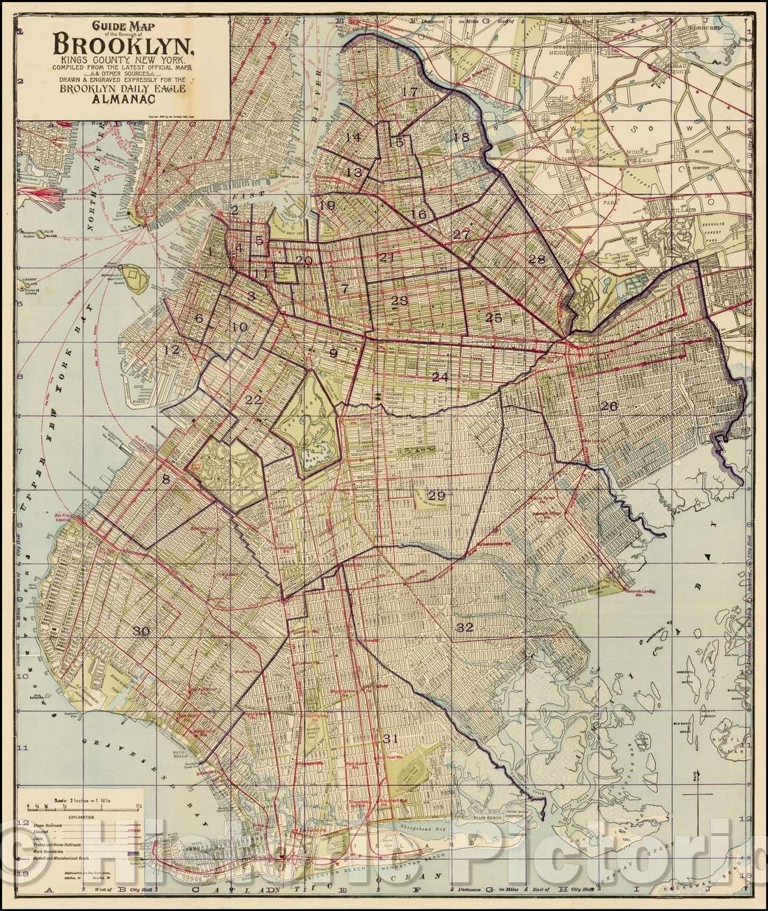 Historic Map - Guide Map of the Borough of Brooklyn, Kings County, New York, 1898, - Vintage Wall Art