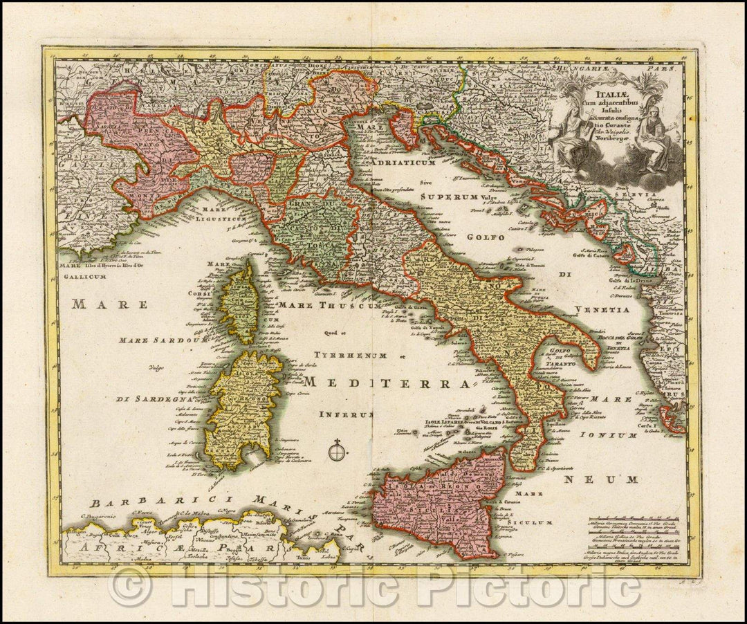 Historic Map - Italiae Cum adjacentibus Insuls accurata consignatio Curante/Since the Italian island adjacent exact depository Curante. (Modern Italy), 1718 - Vintage Wall Art