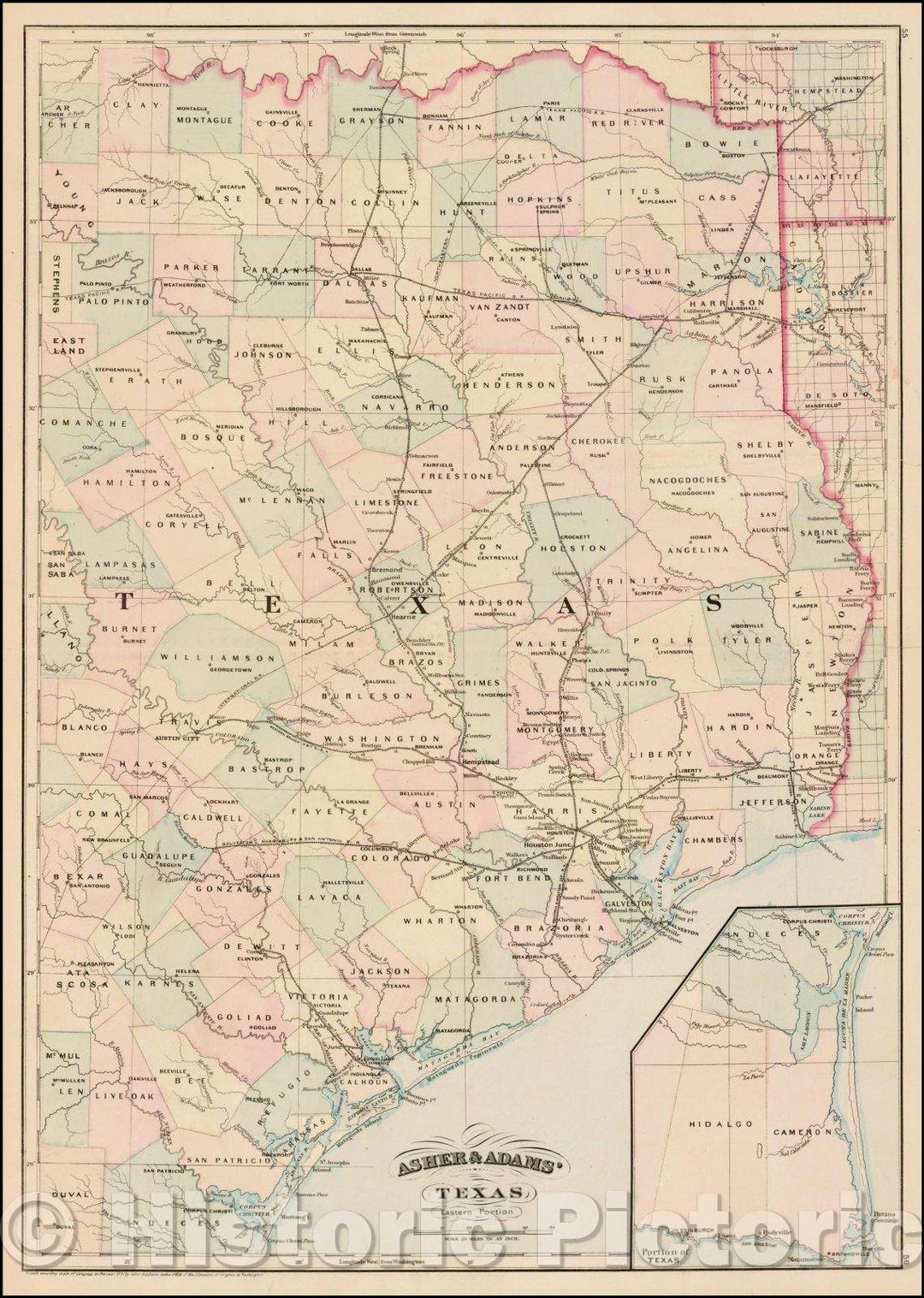 Historic Map - Asher & Adams' Texas Eastern Portion, 1874, Asher v2