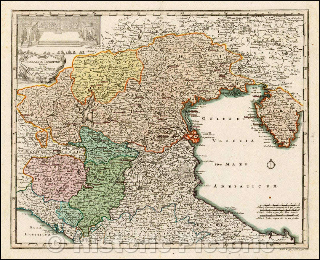 Historic Map - Lombardia Inferioris Tabula in qua Ditio Veneta, Parmensis, Mutinensis, et :: Lower Lombardy where Ditio of Venice, Parma, Modena and Mantua, 1718 - Vintage Wall Art