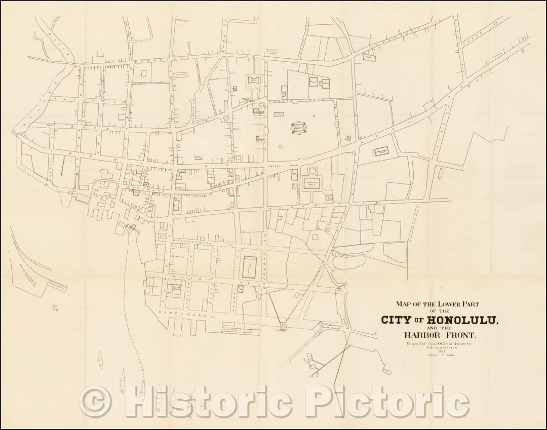 Historic Map - Map of the Lower Part of The City of Honolulu and the Harbor Front, 1893, A. B. Loebenstein - Vintage Wall Art