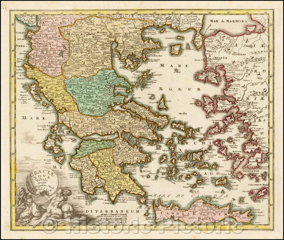 Historic Map - Graeciae Nova Tabula/Map of modern Greece, published by Weigel, 1720, Johann Christoph Weigel - Vintage Wall Art