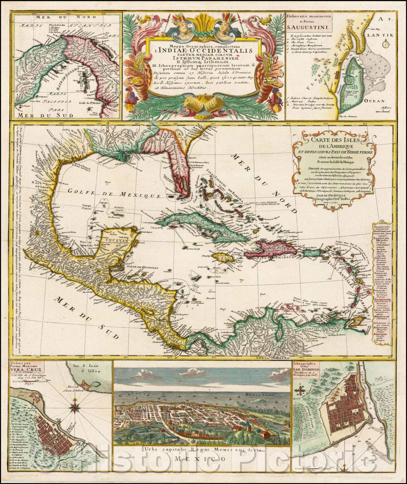 Historic Map - Mappa Geographica Complectens I. Indiae Occidentalis Partem Mediam Circum Isthmum Panamensem, of St. Augstine, Florida, Mexico City, 1740 - Vintage Wall Art