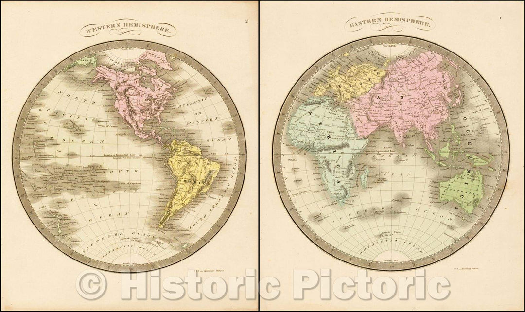 Historic Map - Western Hemisphere and Eastern Hemisphere, 1835, David Hugh Burr - Vintage Wall Art