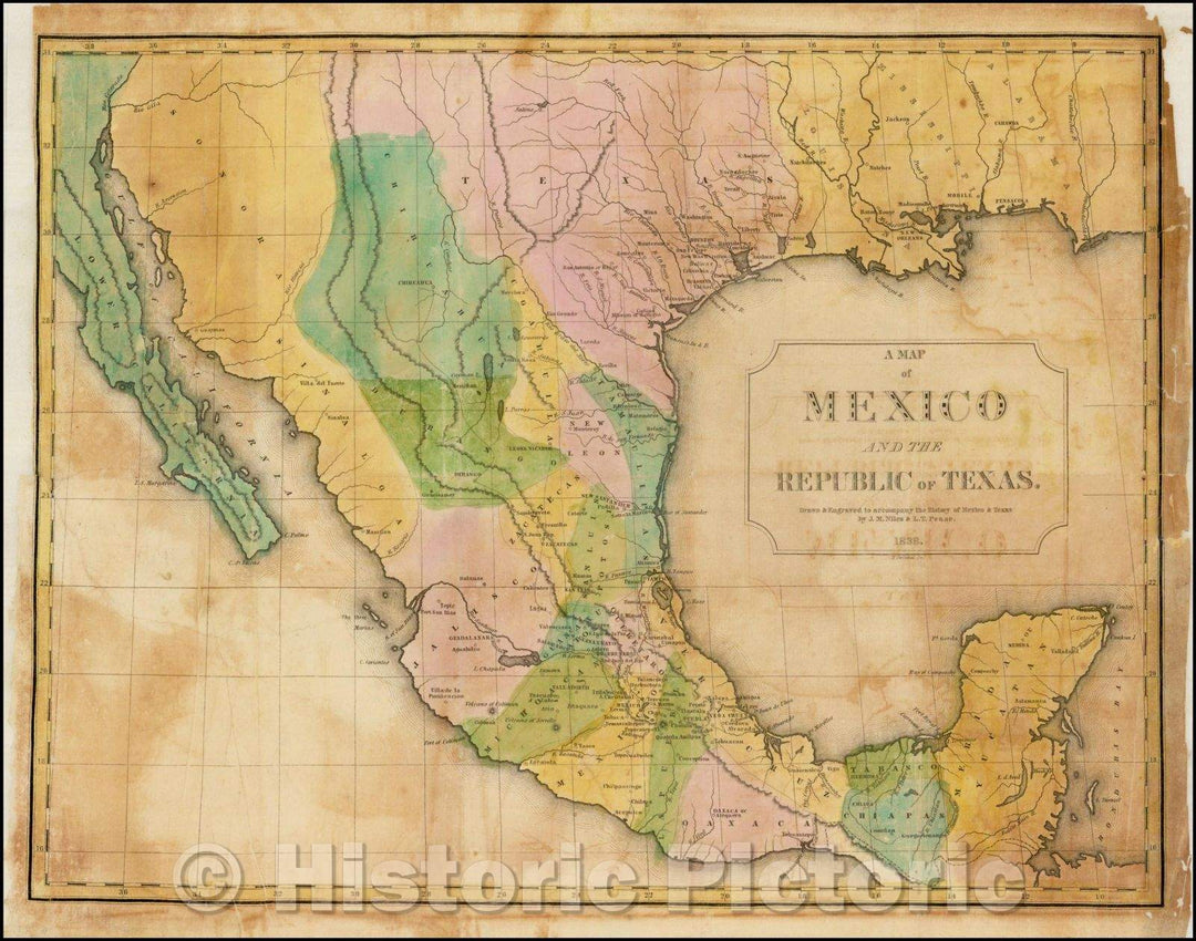 Historic Map - A Map of Mexico and the Republic of Texas, 1838, J.M. Niles - Vintage Wall Art