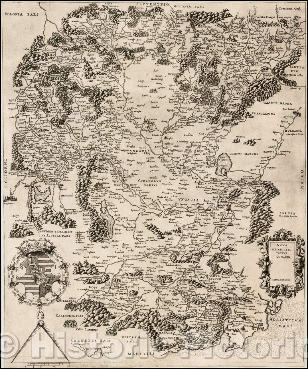 Historic Map - Nova Descriptio Totius Hungariae Romae M.D.LViiiI/Lafreri School Map of Hungary, 1559, Anonymous - Vintage Wall Art