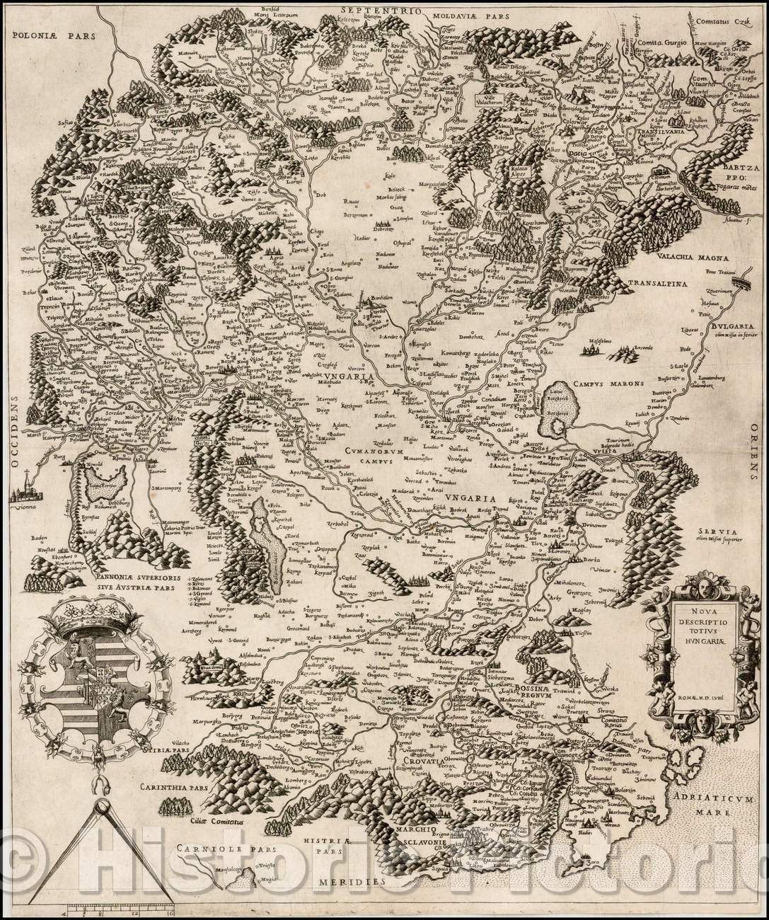 Historic Map - Nova Descriptio Totius Hungariae Romae M.D.LViiiI/Lafreri School Map of Hungary, 1559, Anonymous - Vintage Wall Art