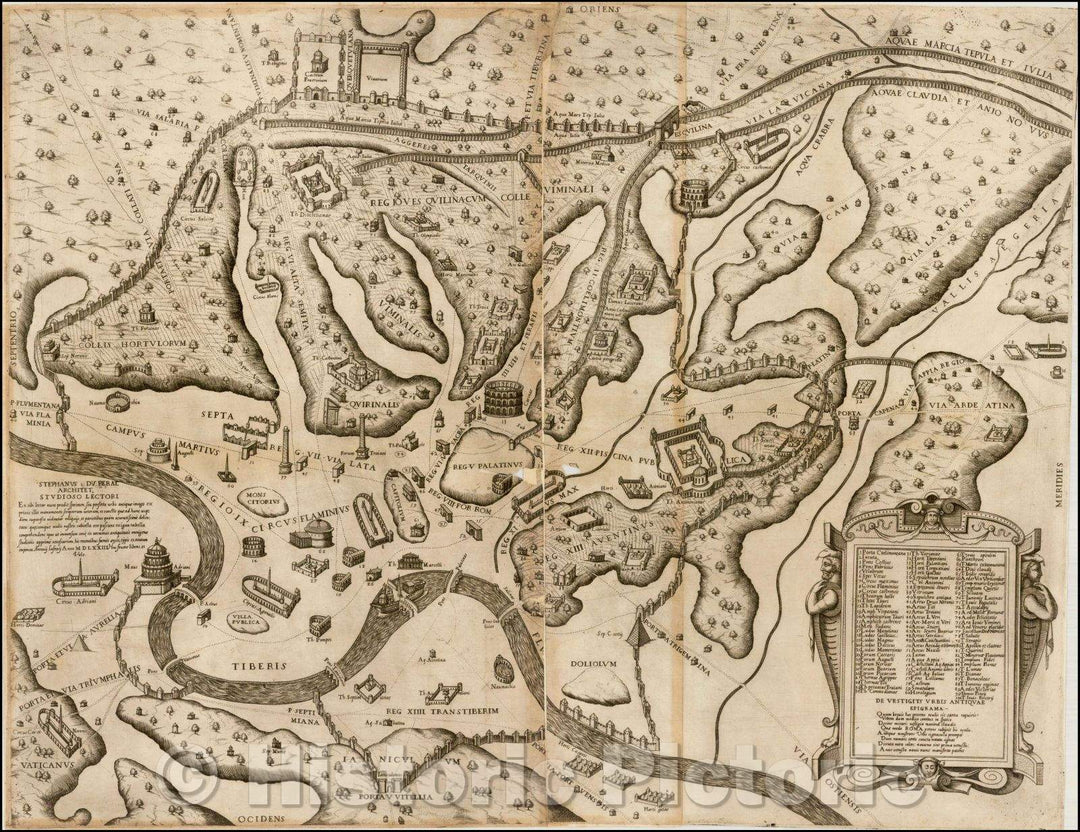 Historic Map - (Rome) Stephanus du Perac Architet Studioso Lectori: en tibi lector nunc prodit specimen/Plan of Rome, Speculum Romanae Magnificentiae, 1573 - Vintage Wall Art