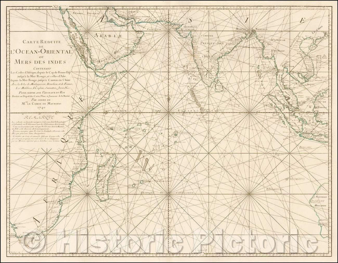 Historic Map - Carte Reduite de l'Ocean Oriental ou Mer des Indes Contenant Les Costes d'Afrique :: Indian Ocean, Cape of Good Hope, Western Australia, 1740 - Vintage Wall Art