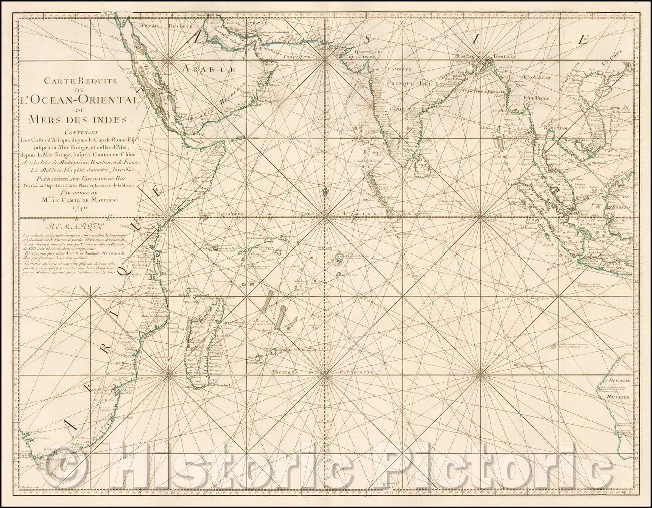 Historic Map - Carte Reduite de l'Ocean Oriental ou Mer des Indes Contenant Les Costes d'Afrique :: Indian Ocean, Cape of Good Hope, Western Australia, 1740 - Vintage Wall Art