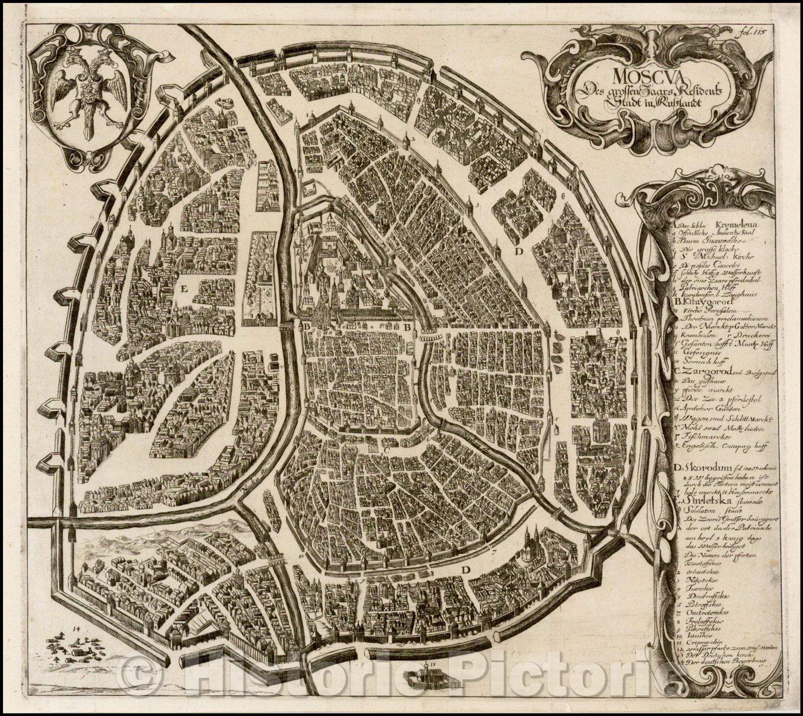 Historic Map - Moscva des Grossen Zaars Residenz Stadt in Russlandt/Bird's eye of Moscow, 1647, Adam Olearius - Vintage Wall Art