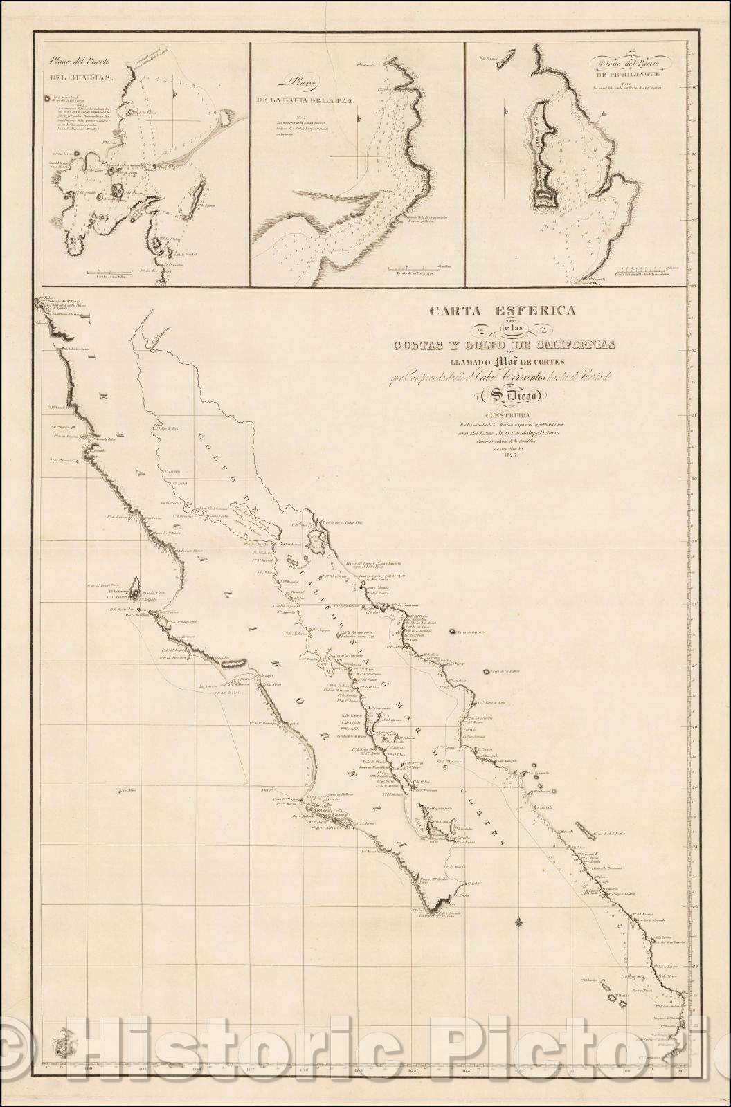 Historic Map - Carta Esferica de las Costas y Golfo De Californias Llamado Mar De Cortes Que Comprende desde el Cabo Corrientes hasta el Puerto de San Diego, - Vintage Wall Art