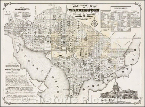Historic Map - Map of the City of Washington in the District of Columbia. U. States of America, 1854, Casimir Bohn - Vintage Wall Art