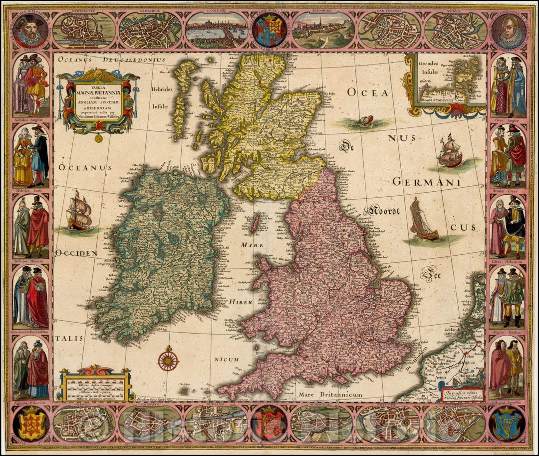 Historic Map - Tabula Magnae Britanniae, Angliam Scotiam et Hiberniam nuperrime :: Maps of the British Isles, Orkney Islands, northern tip of Scotland, 1630 - Vintage Wall Art