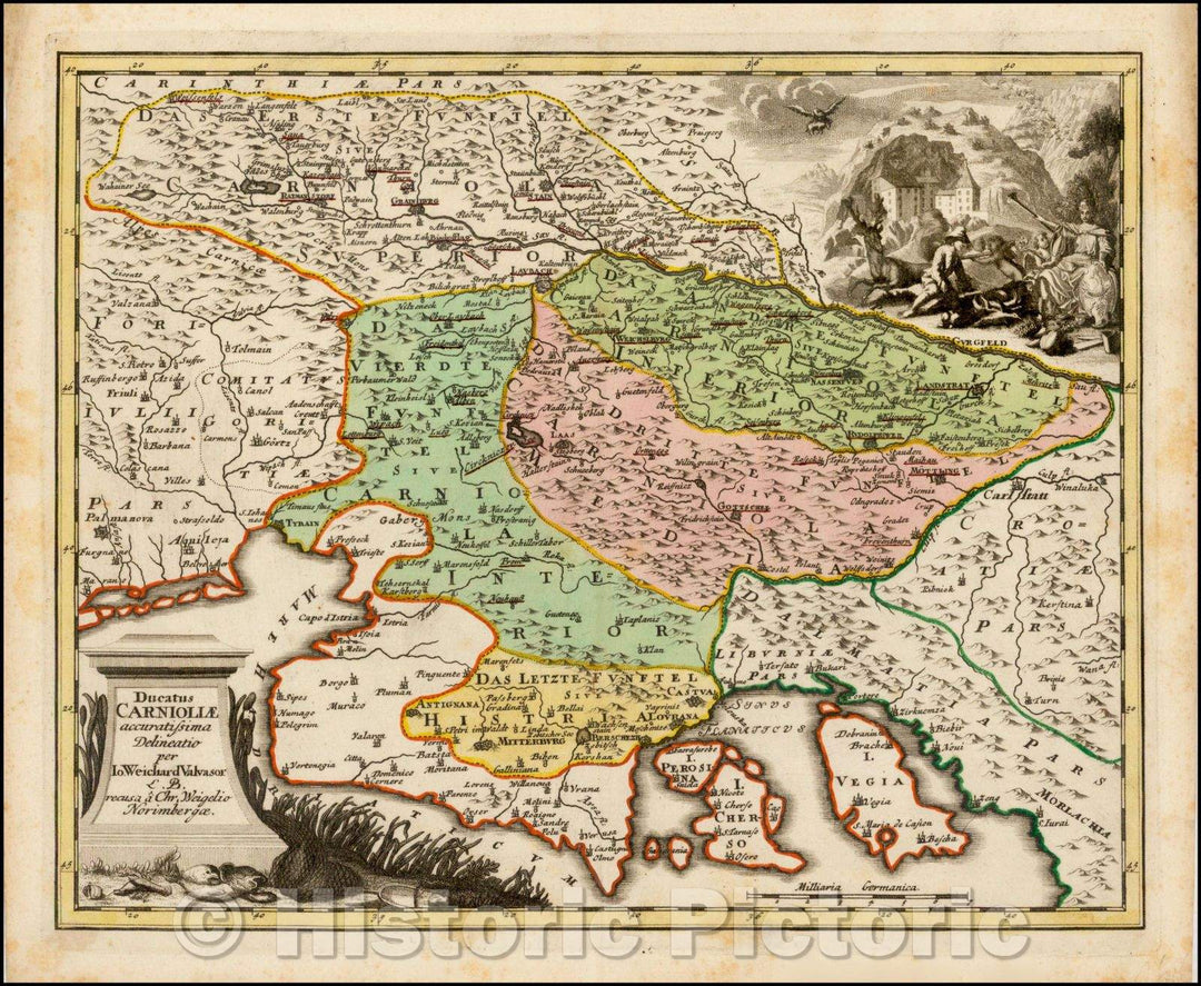 Historic Map - Ducatus Carnioliae accuratissima delineatio/Map of Carniola, including Croatia, Slovenia and Istria, 1720, Johann Christoph Weigel - Vintage Wall Art