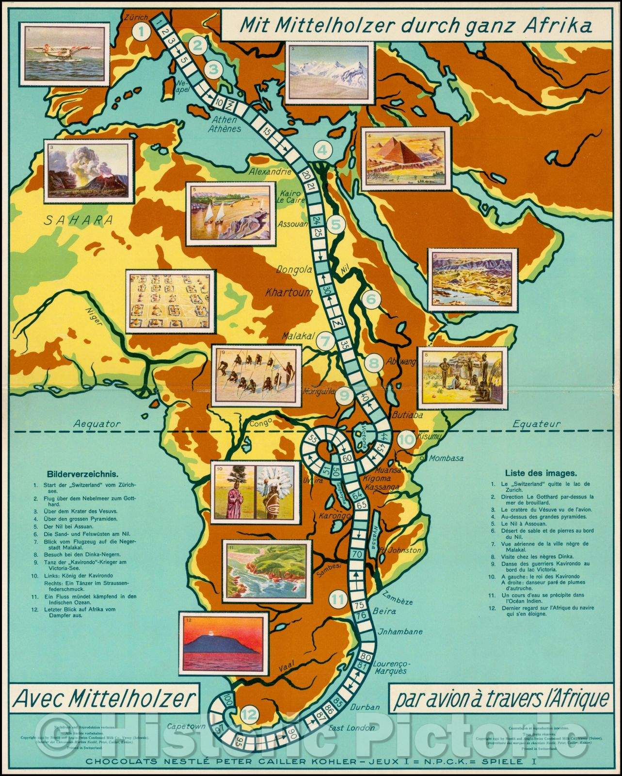 Historic Map - Walter Mittelholzer's flight over Africa (German Language), 1931, - Vintage Wall Art