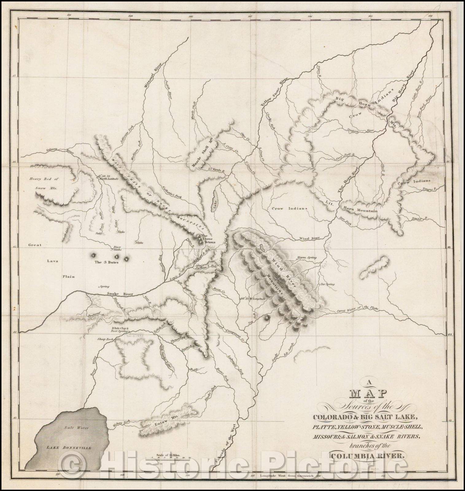 Historic Map - Sources of the Colorado & Big Salt Lake, Platte, Yellow-Stone,Muscle-Shell, Missouri; & Salmon & Snake River, branches of the Columbia Ri, 1837 - Vintage Wall Art