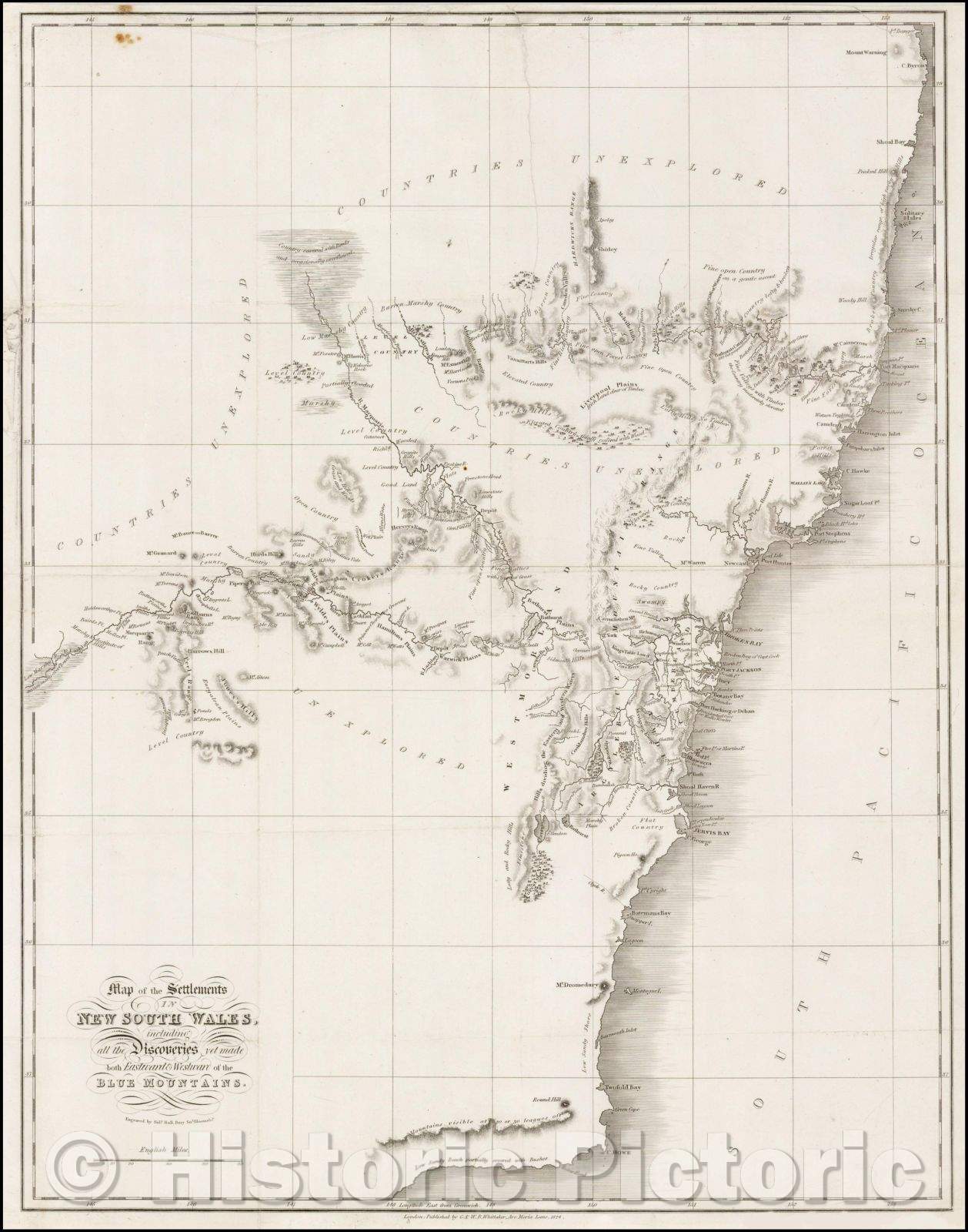 Historic Map - Map of the Settlements in New South Wales, including all the Discoveries yet mad both Eastward & Westward of the Blue Mountains, 1824 - Vintage Wall Art