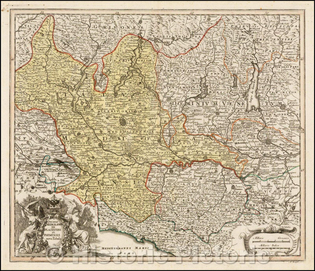 Historic Map - Ducatus Mediolanensis Palcentini et Parmensis nova Tabula :: Northwestern Italy, including Lago Maggiore, Lago di Como and Lago di Garda, 1718 - Vintage Wall Art