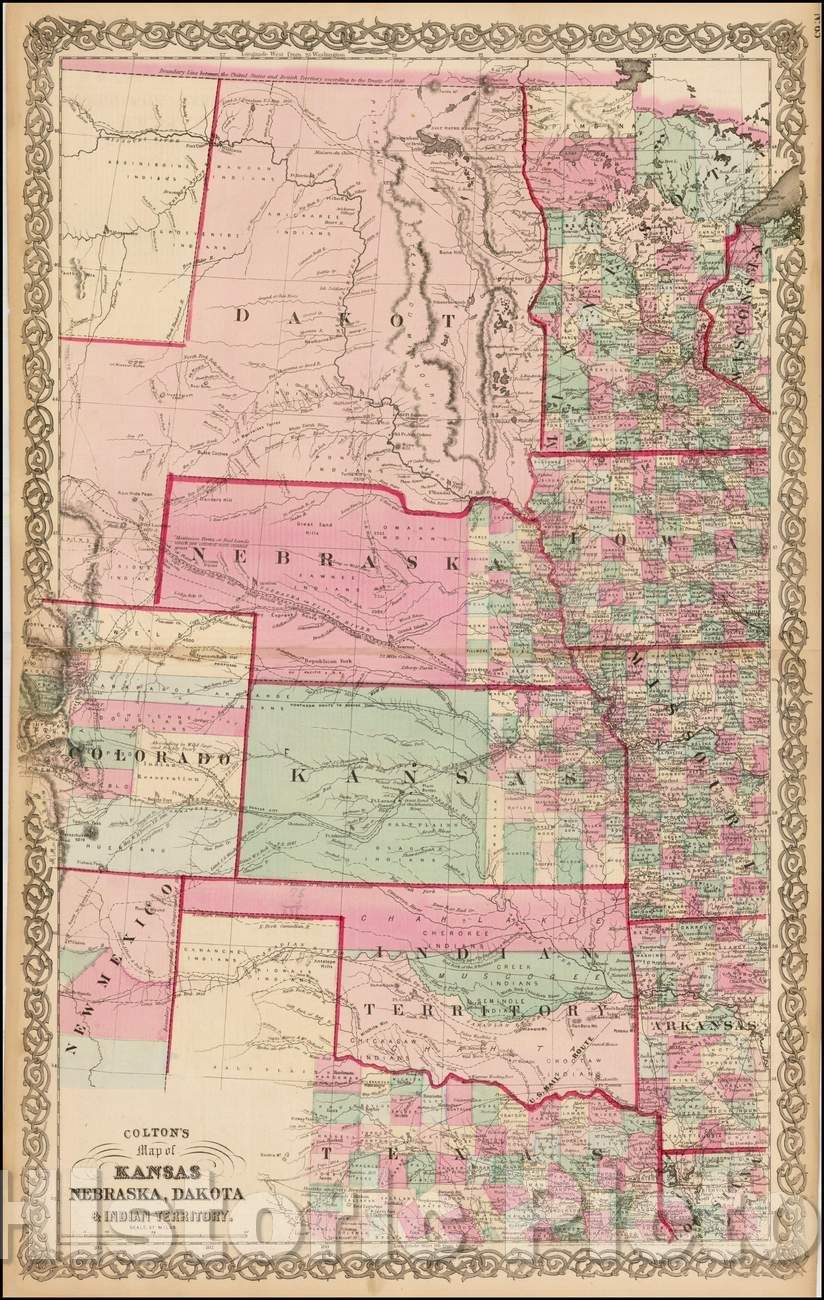 Historic Map - Colton's Map of Kansas, Nebraska, Dakota, Indian Territory, 1864, Joseph Hutchins Colton - Vintage Wall Art