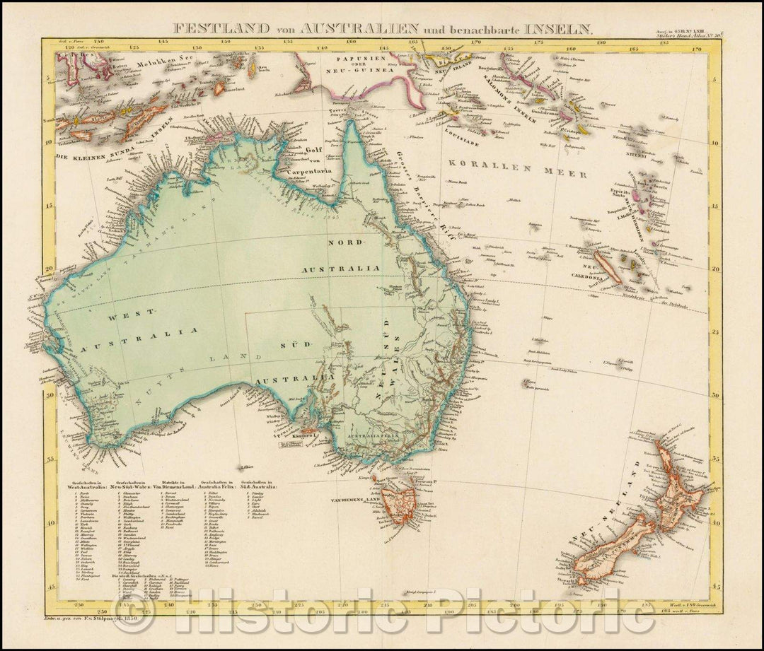 Historic Map - Festland von Australien und benachbarte Inseln. / Map of Australia and New Zealand,list of townships in Australia, 1850, Adolf Stieler - Vintage Wall Art