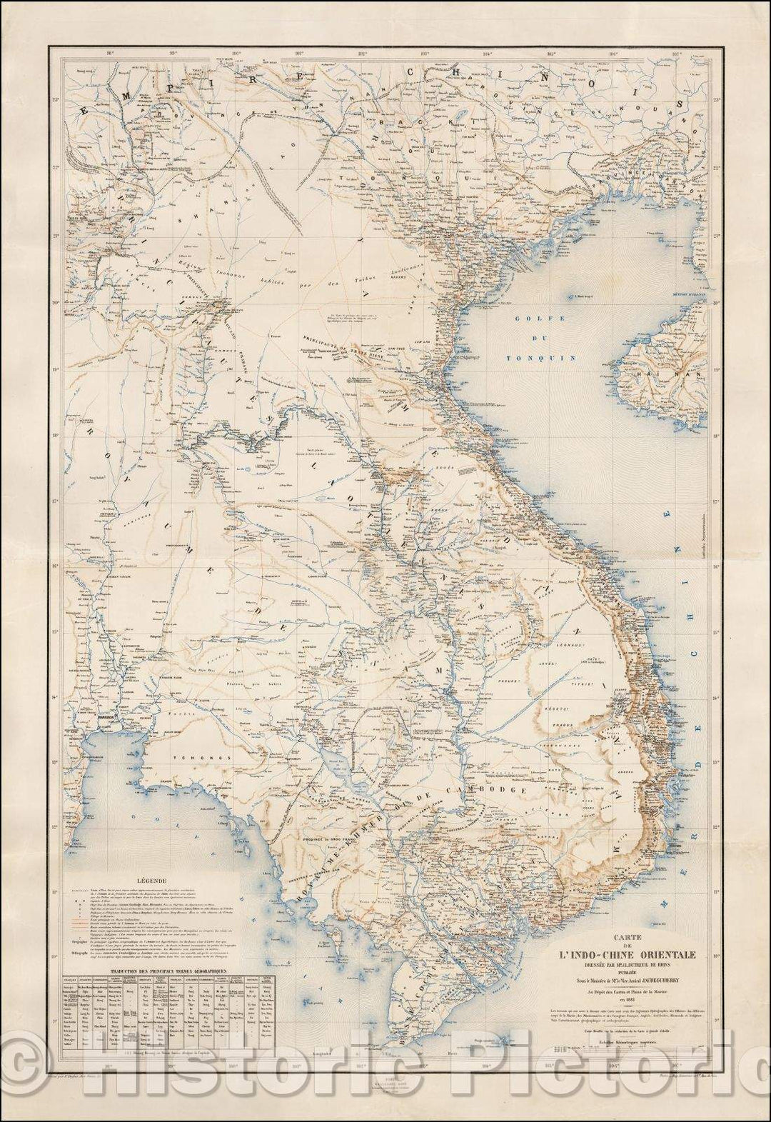 Historic Map - Carte de L'Indo-Chine Orientale Dressee Par Mr. J.L. Dutreuil De Rhins Pub :: of Indo-China Eastern compiled, 1881 - Vintage Wall Art