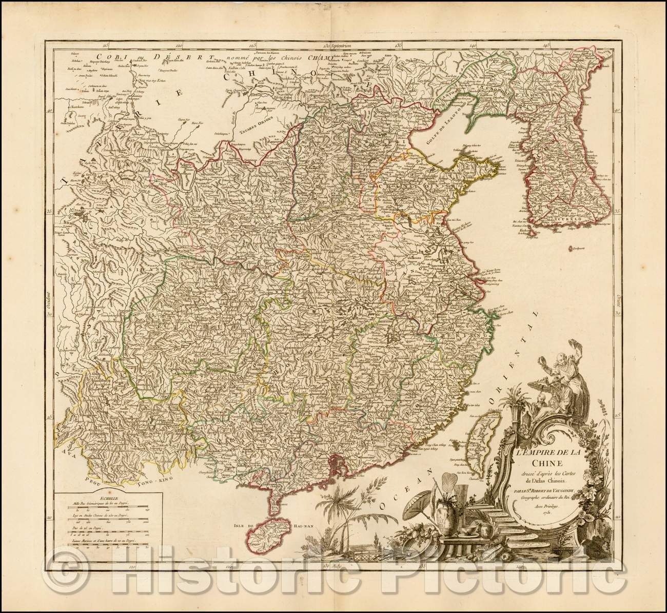 Historic Map - L'Empire De La Chine dressee d'apres les Cartes de l'Atlas C/Map of China and Korea, from De Vaugondy's Atlas Universel, 1751 - Vintage Wall Art