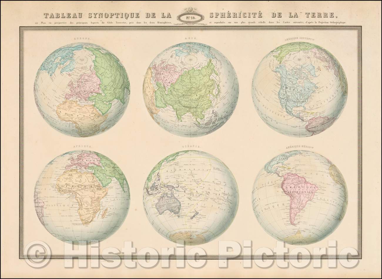 Historic Map - Tableau Synoptique De La Sphericite De La Terre ou Plan en perspectie/Map, 6 continents of the known world, 1860, F.A. Garnier - Vintage Wall Art