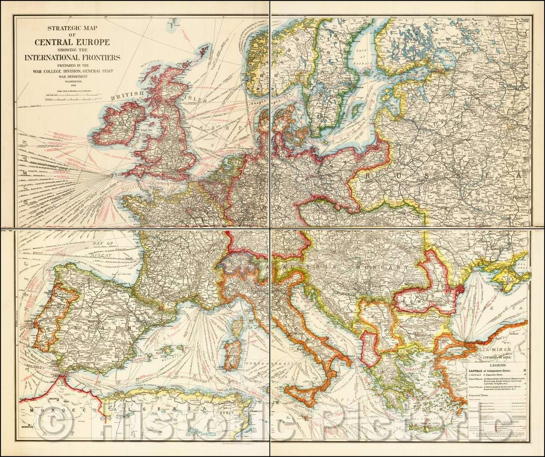 Historic Map - Strategic Map of Central Europe showing the International Frontiers Prepared in the War College Division, General Staff, War Department, 1915 - Vintage Wall Art