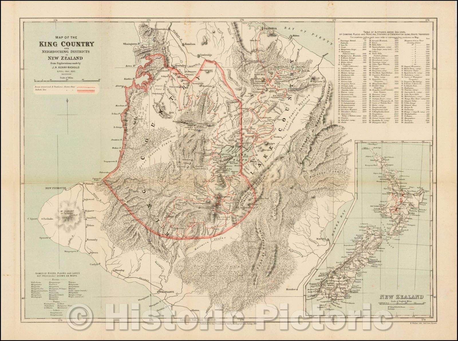 Historic Map - Map of the King Country and Neighbouring Districts in New Zealand from Explorations made, 1885, Royal Geographical Society - Vintage Wall Art