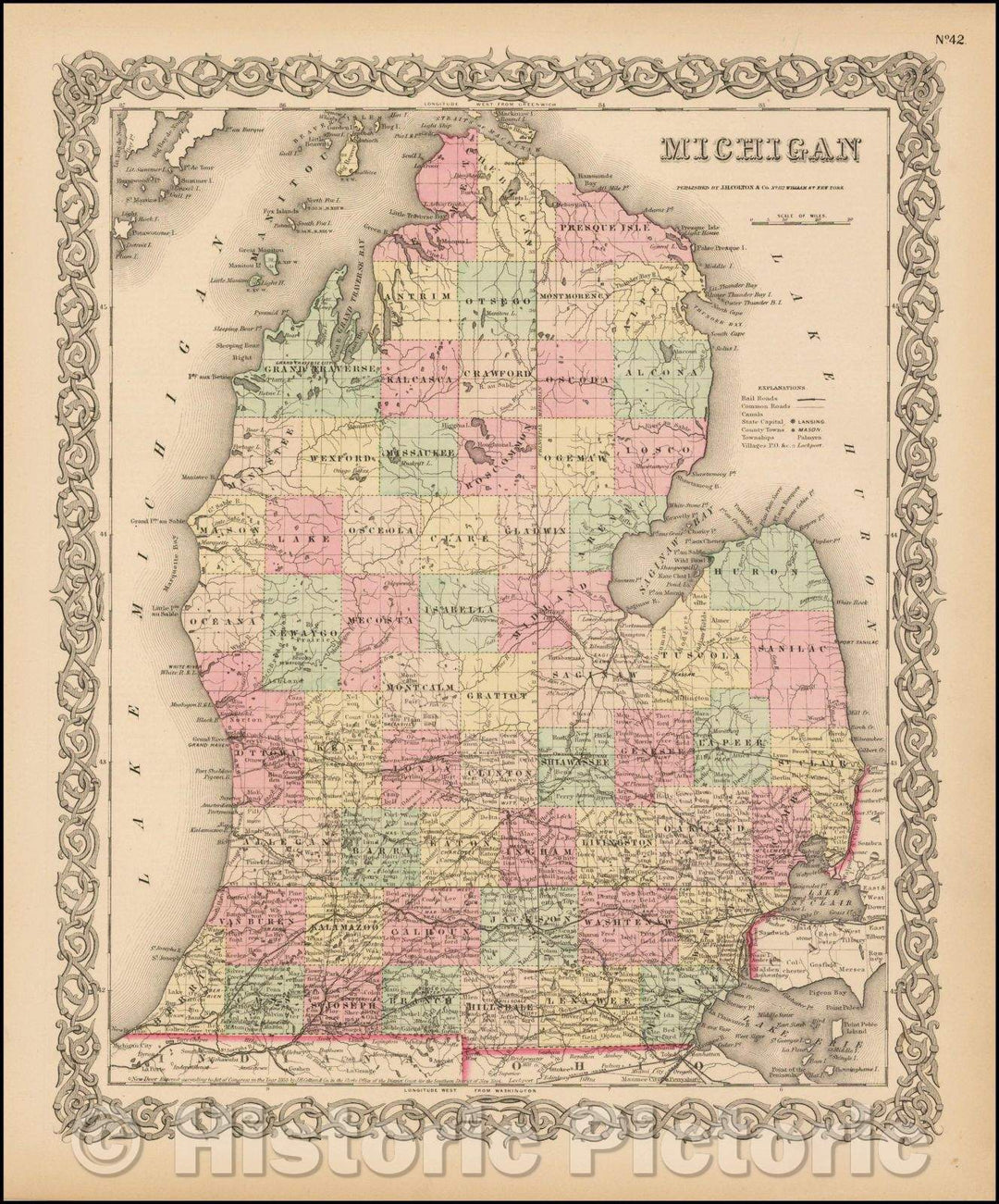 Historic Map - Michigan, 1855, Joseph Hutchins Colton - Vintage Wall Art