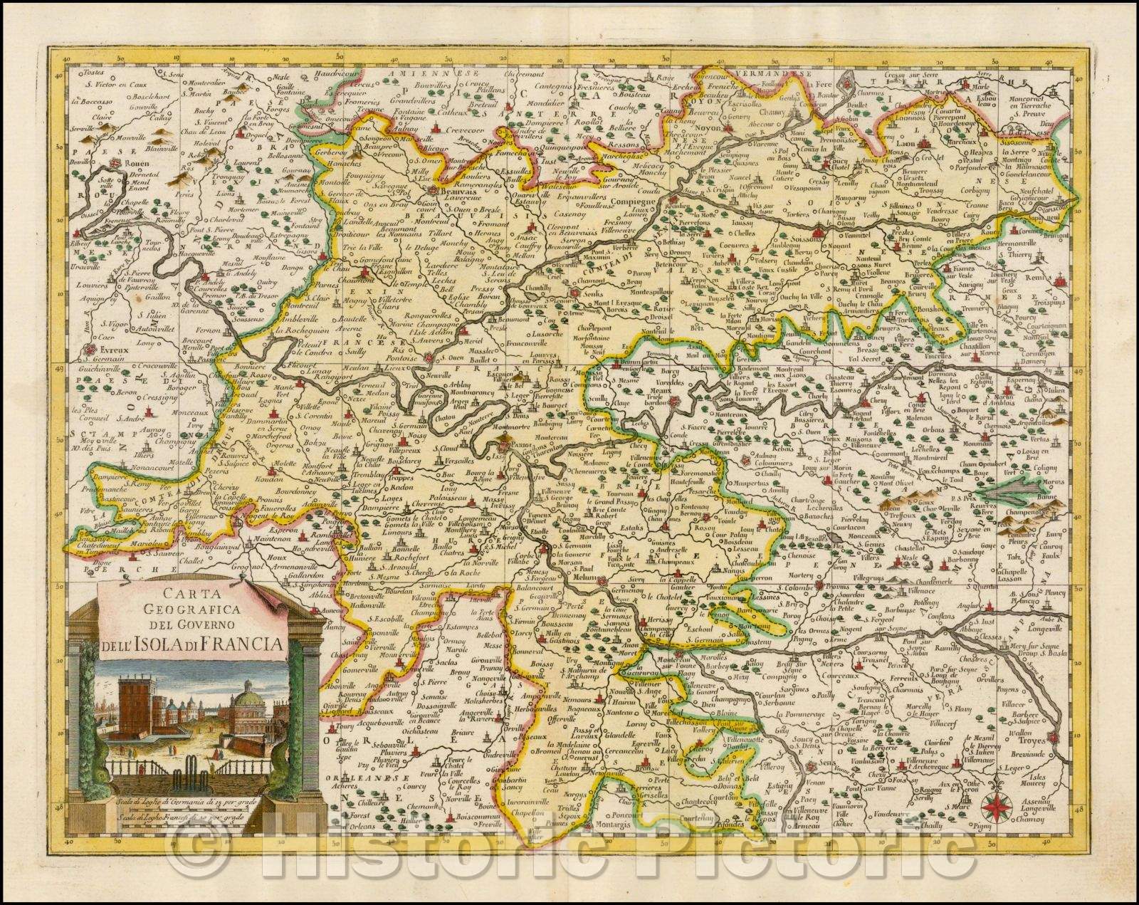 Historic Map - Carta Geografica Del Governo Dell'Isola Di Francia/Map of the Isle de France, with cartouche, showing a scene in Paris, 1740 - Vintage Wall Art