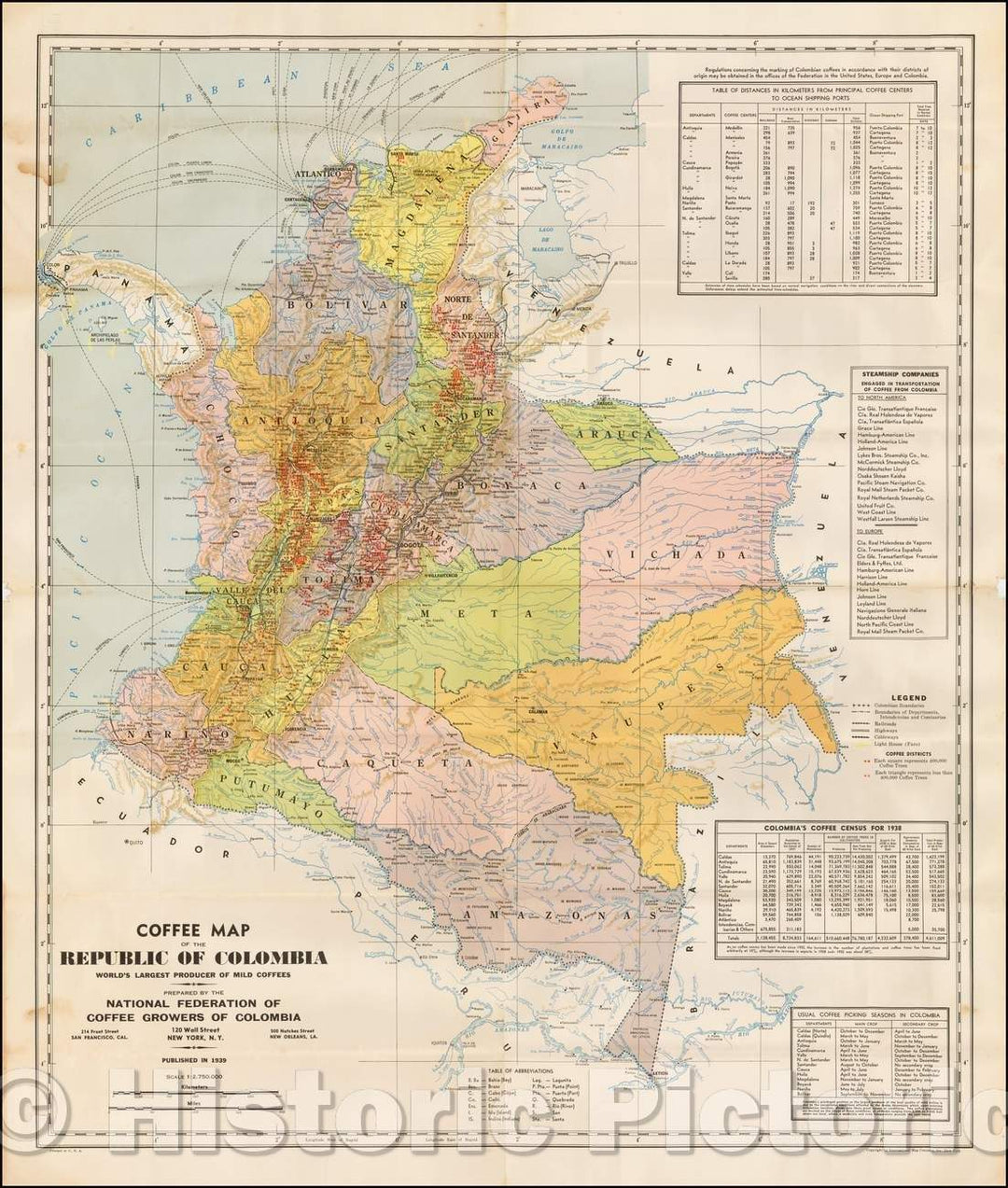 Historic Map - Coffee Map of the Republic of Columbia World's Largest Producer of Mild Coffees, 1938, National Federation of Coffee Growers of Colombia v1